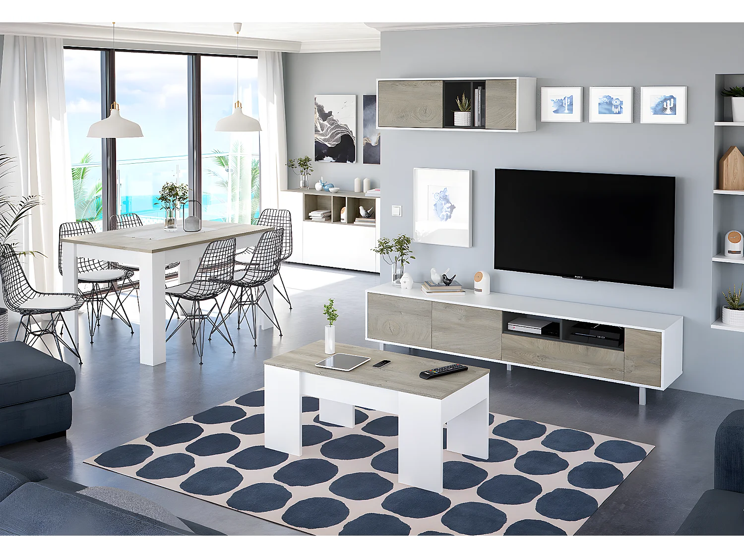 Ensemble meuble TV de 2 éléments coloris chêne à nœuds blanc artik - Hauteur 47 x Longueur 200 x Profondeur 40 cm