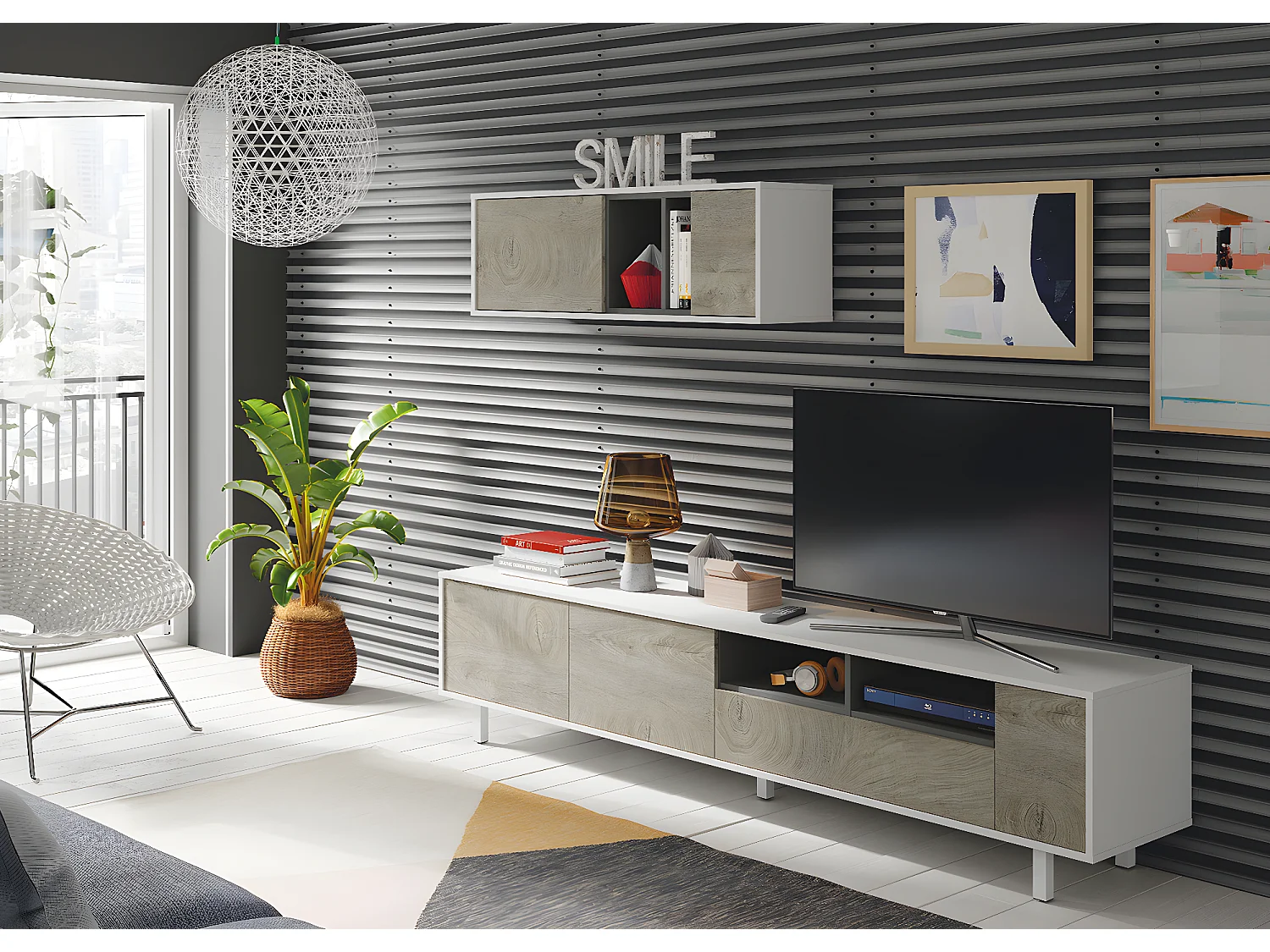 Ensemble meuble TV de 2 éléments coloris chêne à nœuds blanc artik - Hauteur 47 x Longueur 200 x Profondeur 40 cm