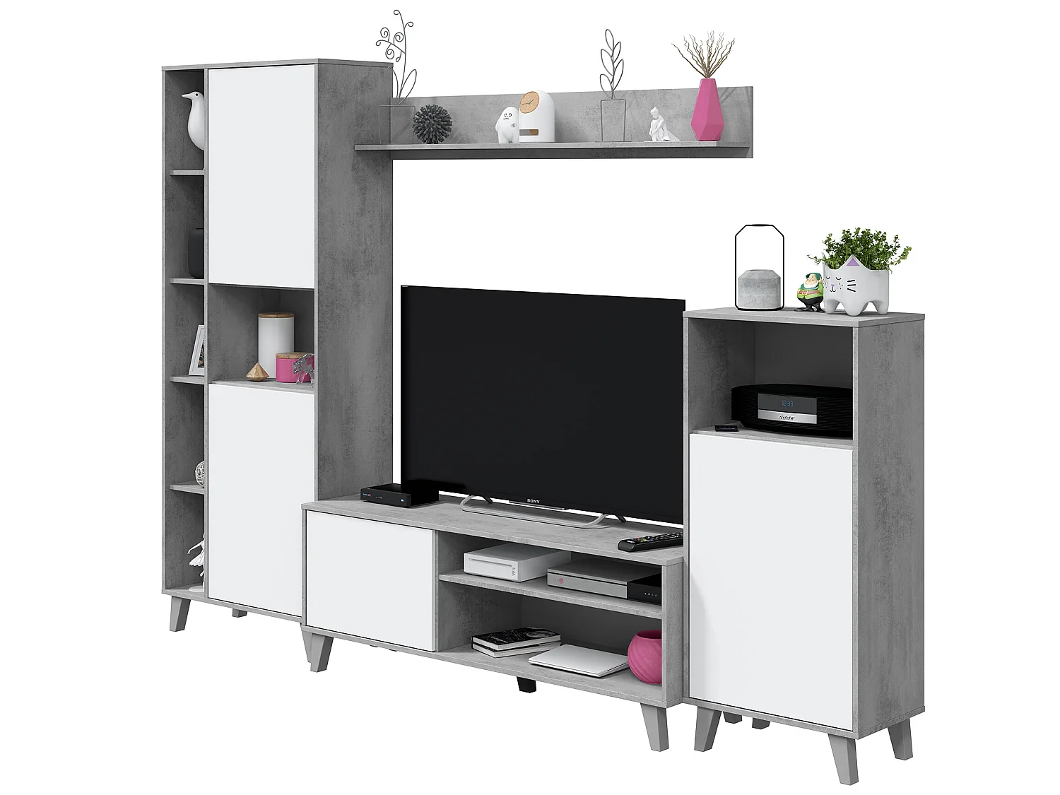Ensemble séjour Ensemble meuble TV en panneaux de particules mélaminé composé de 3 meubles coloris Blanc Artic Ciment