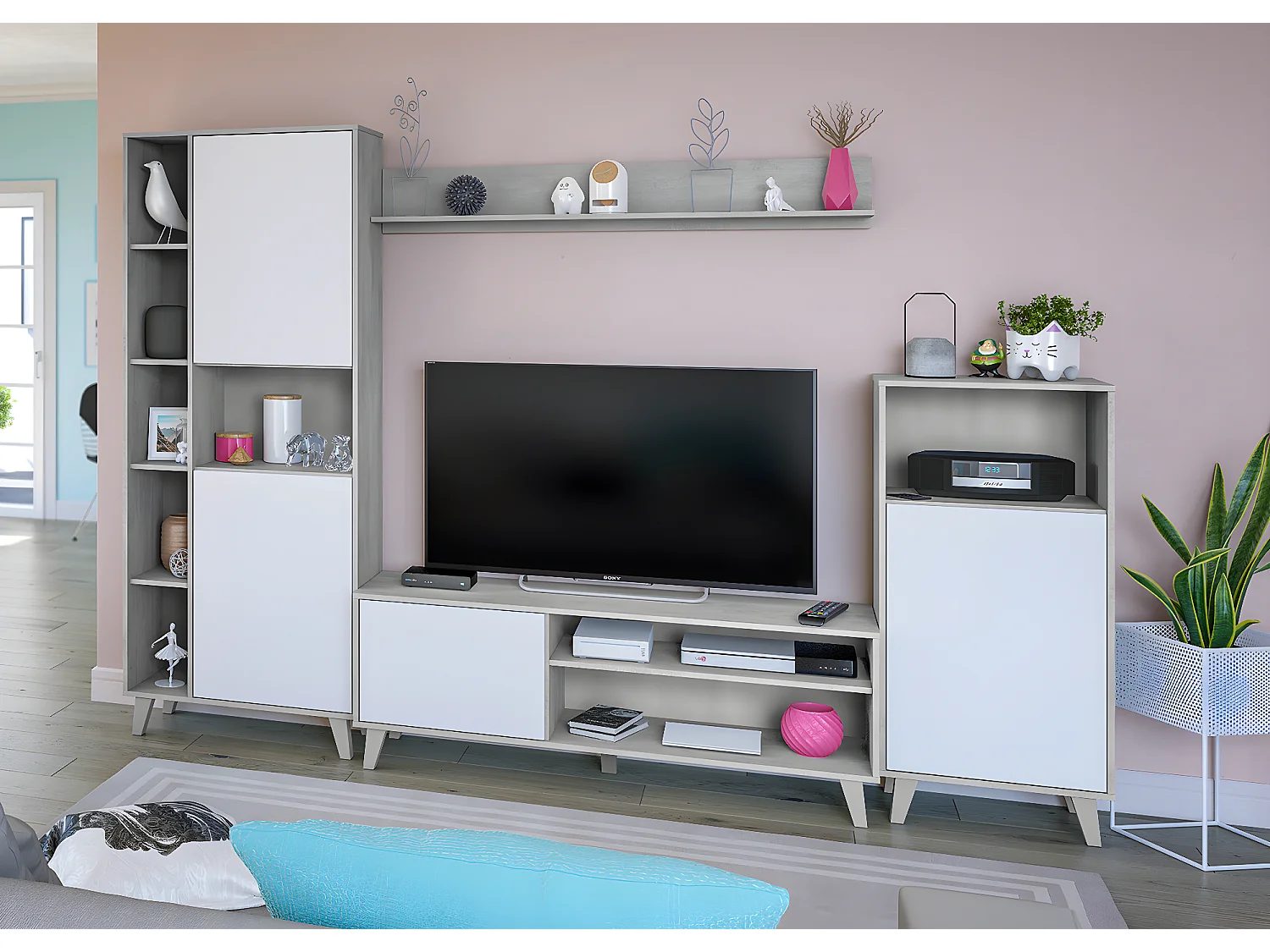 Ensemble séjour Ensemble meuble TV en panneaux de particules mélaminé composé de 3 meubles coloris Blanc Artic Ciment