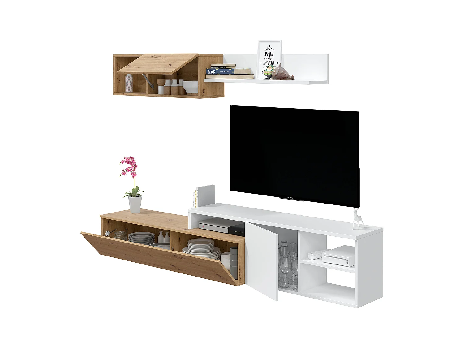 Ensemble meuble tv + étagère murale en mélamine coloris naturel blanc artik