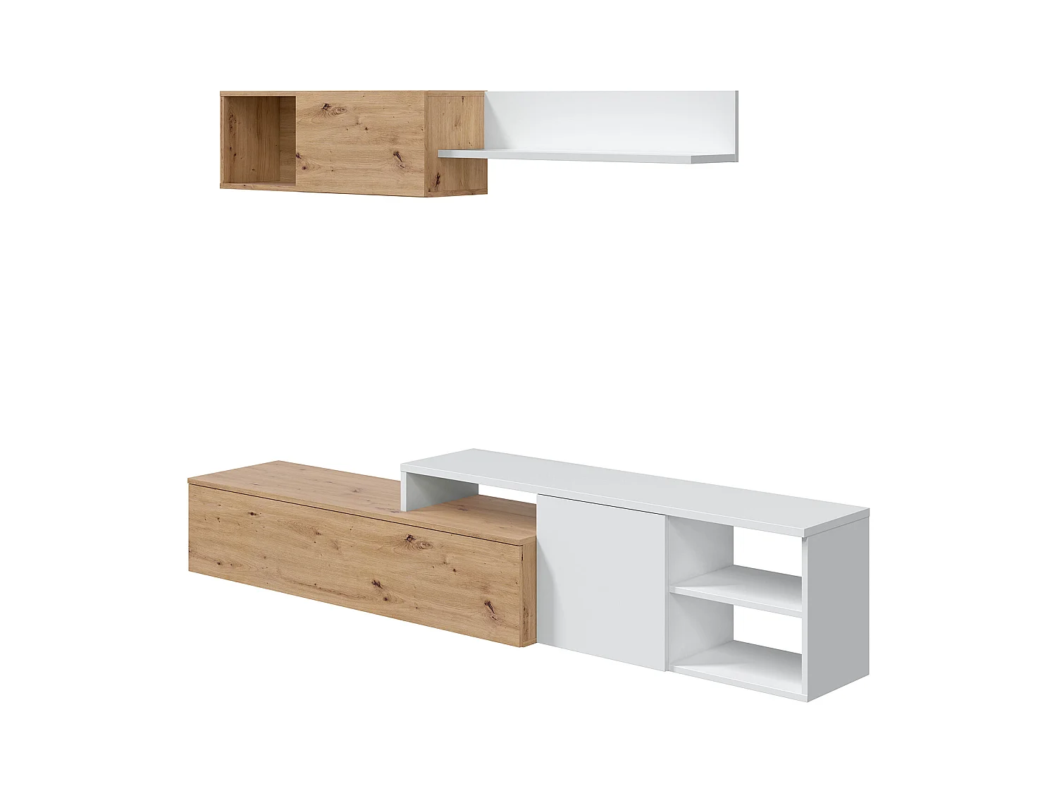 Ensemble meuble tv + étagère murale en mélamine coloris naturel blanc artik