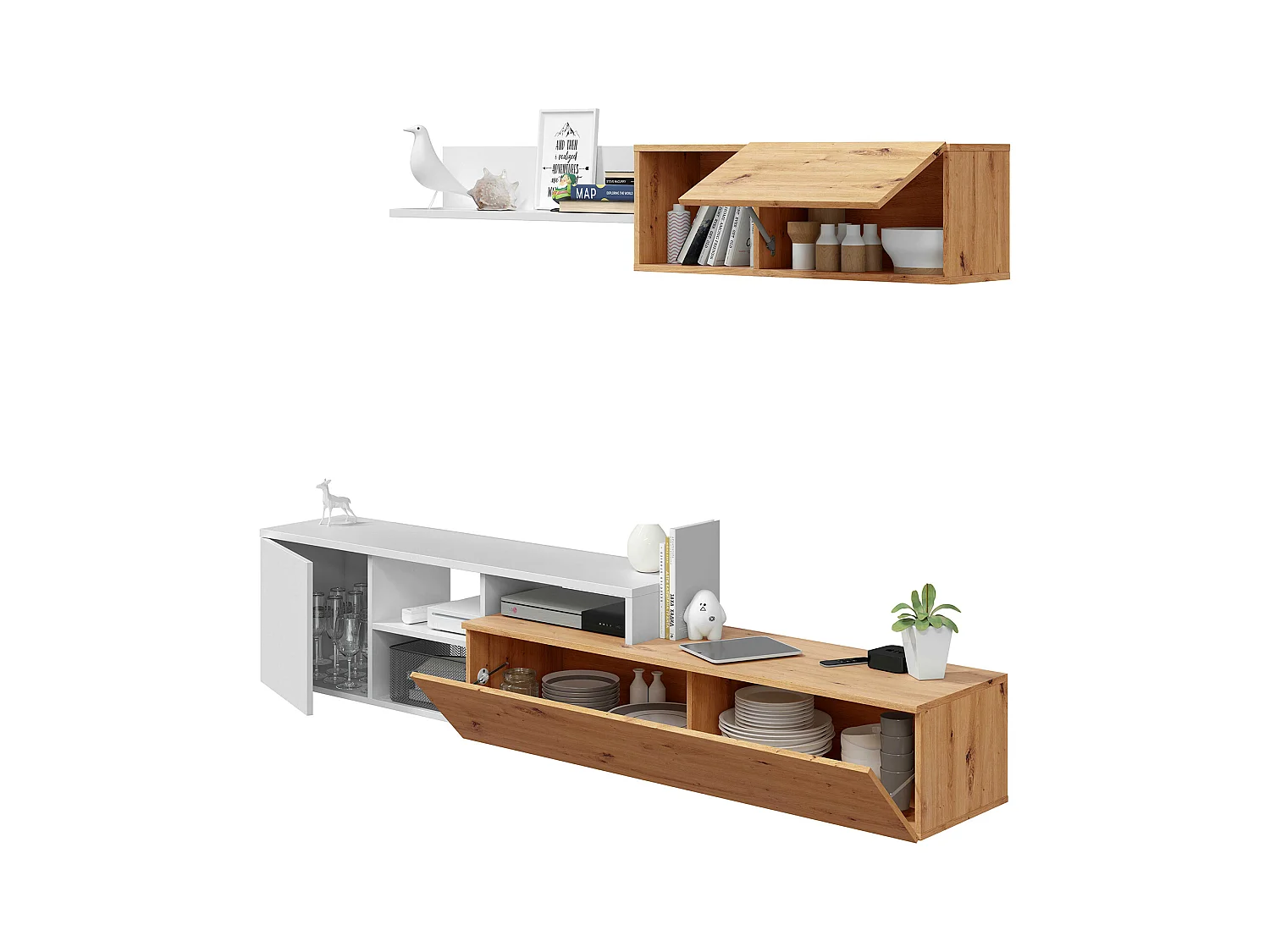 Ensemble meuble tv + étagère murale en mélamine coloris naturel blanc artik