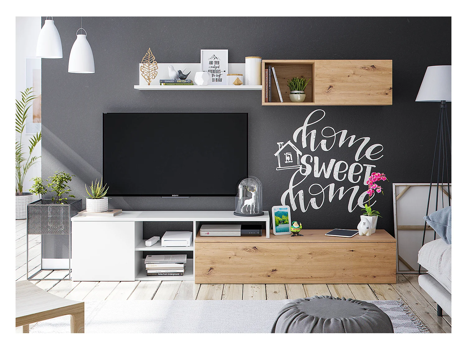 Ensemble meuble tv + étagère murale en mélamine coloris naturel blanc artik