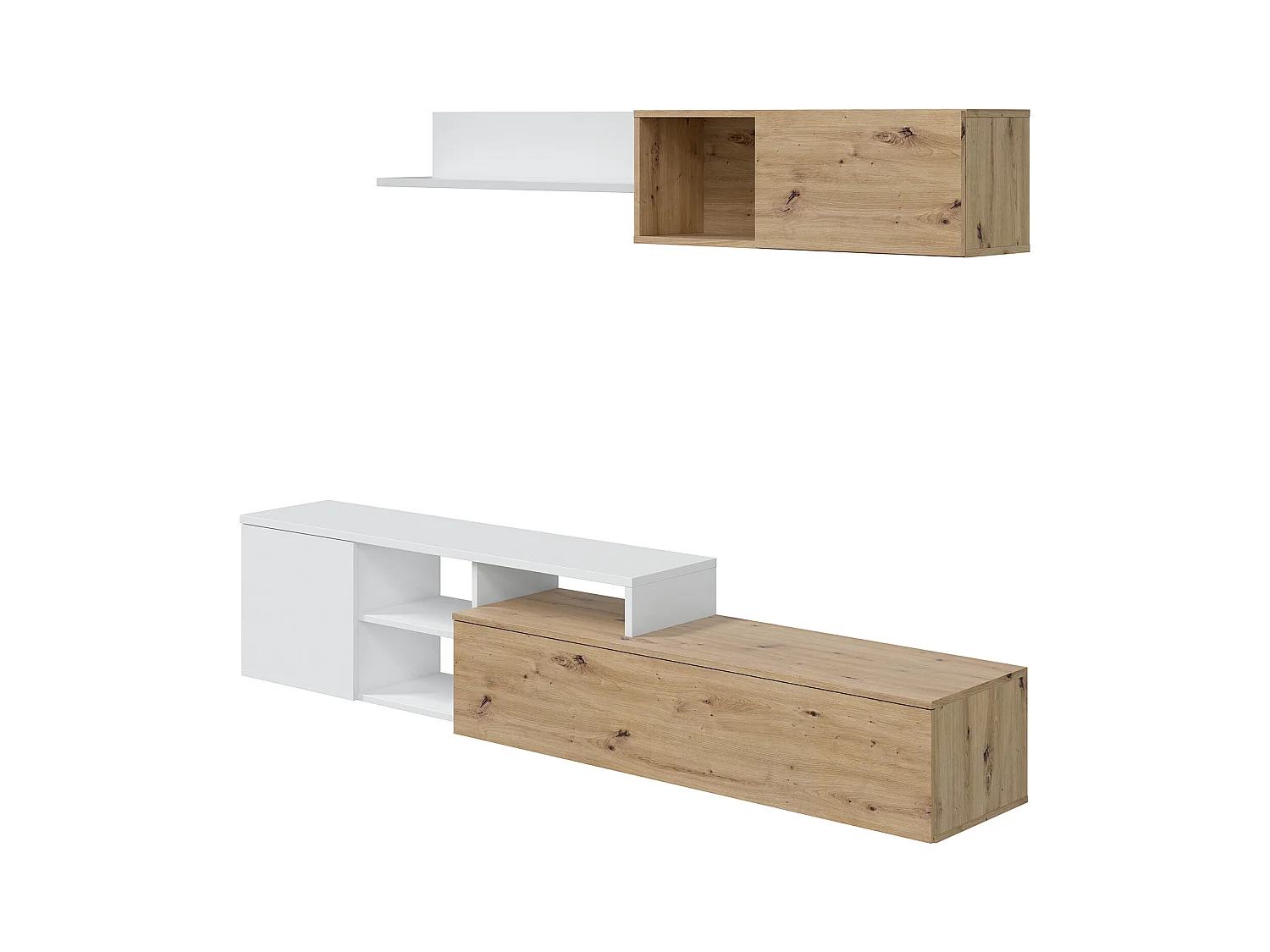 Ensemble meuble tv + étagère murale en mélamine coloris naturel blanc artik