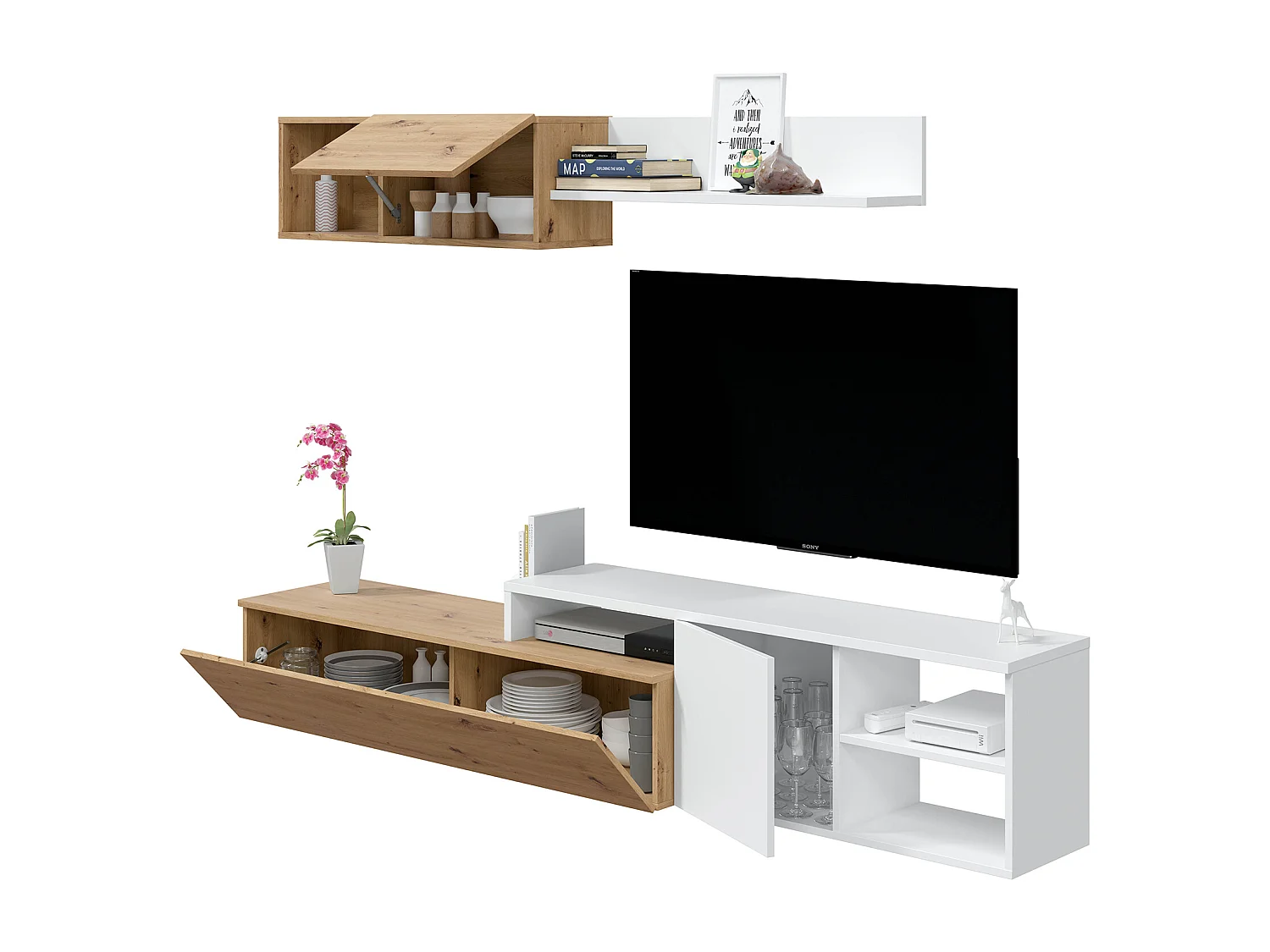 Ensemble meuble tv + étagère murale en mélamine coloris naturel blanc artik