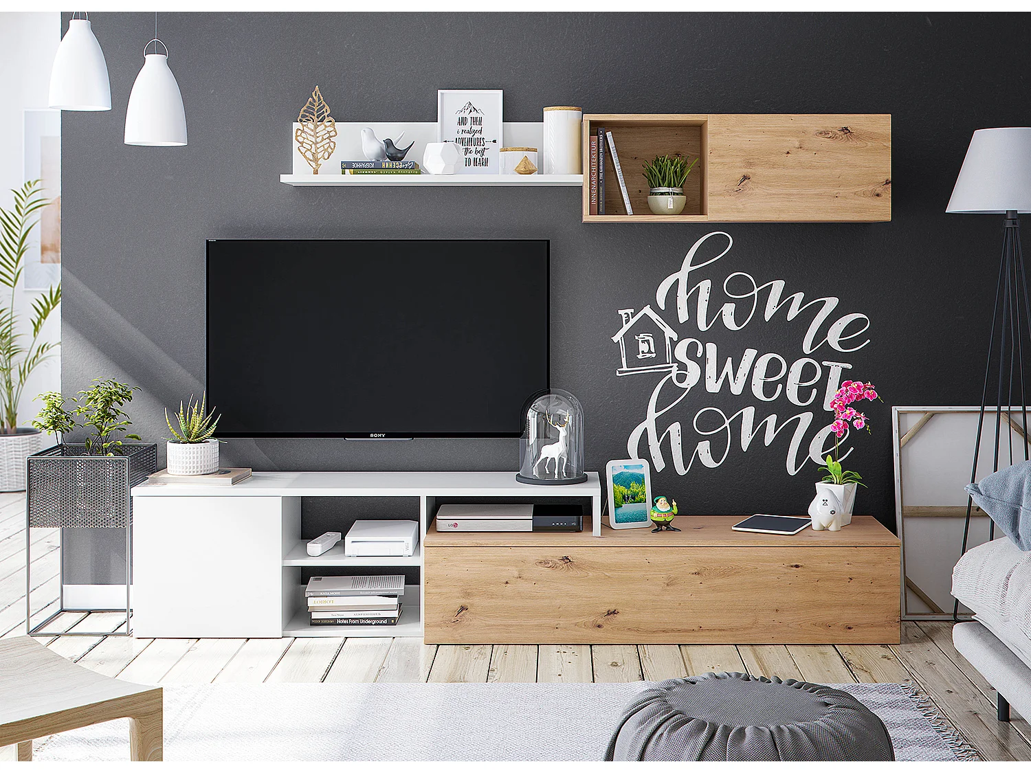 Ensemble meuble tv + étagère murale en mélamine coloris naturel blanc artik