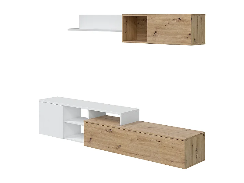 Ensemble meuble tv + étagère murale en mélamine coloris naturel blanc artik