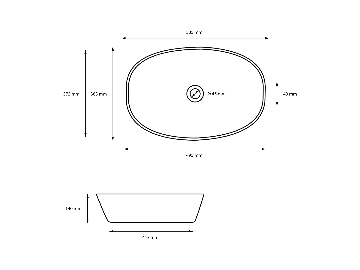 Lavabo negro encimera cerámica juego de desagüe sin rebosadero 505x385x140 mm