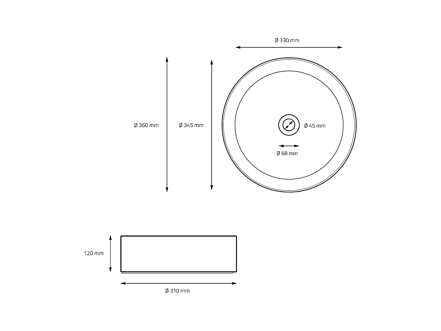 Lavabo da appoggio bagno in ceramica nero opaco rotondo Ø 360x120 mm con piletta