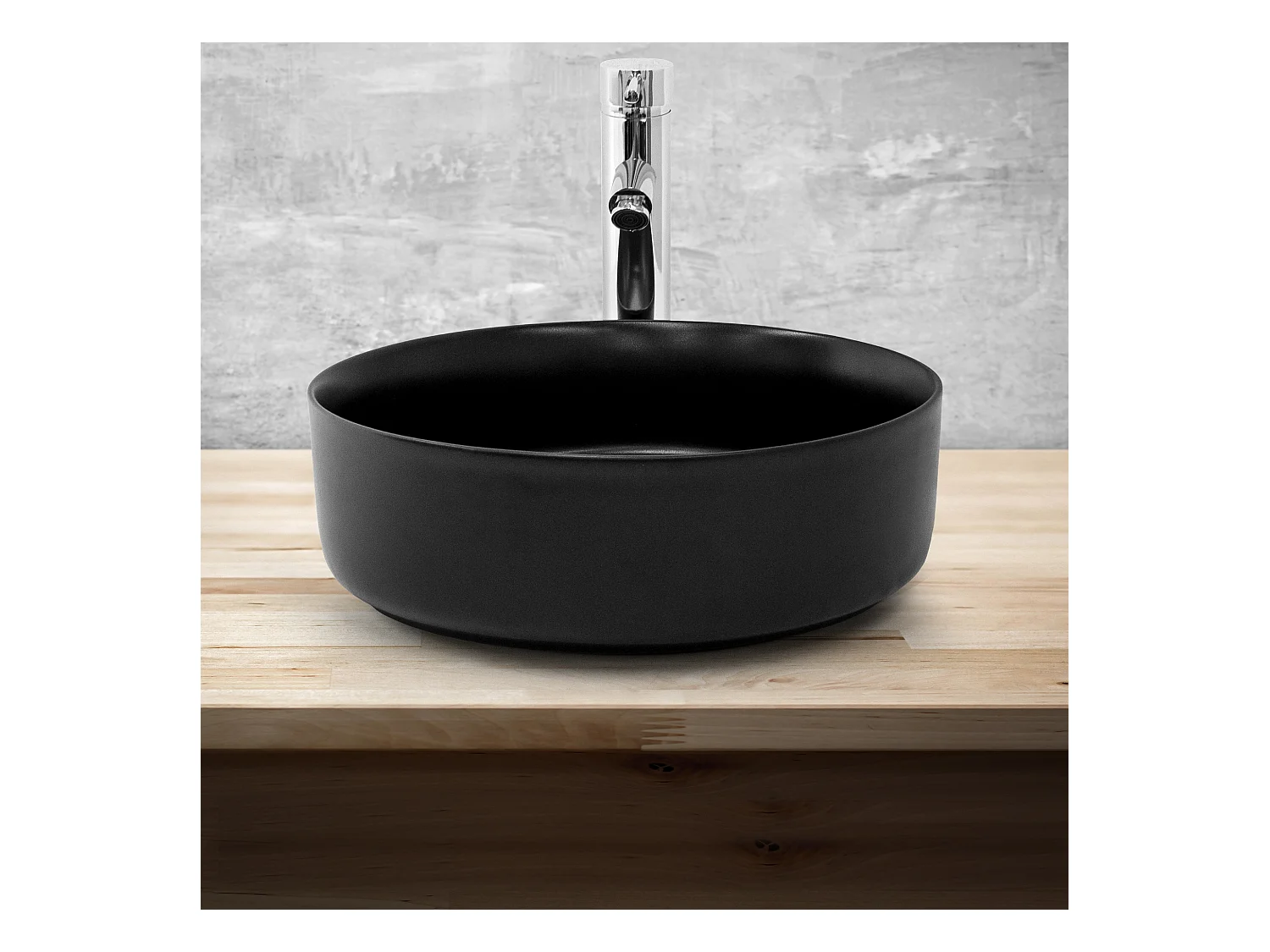 Lavabo da appoggio bagno in ceramica nero opaco rotondo Ø 360x120 mm con piletta