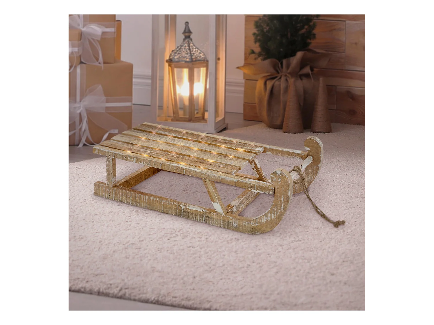 Trineo decorativo madera árbol de navidad con LED blanco cálido marrón 50,5cm