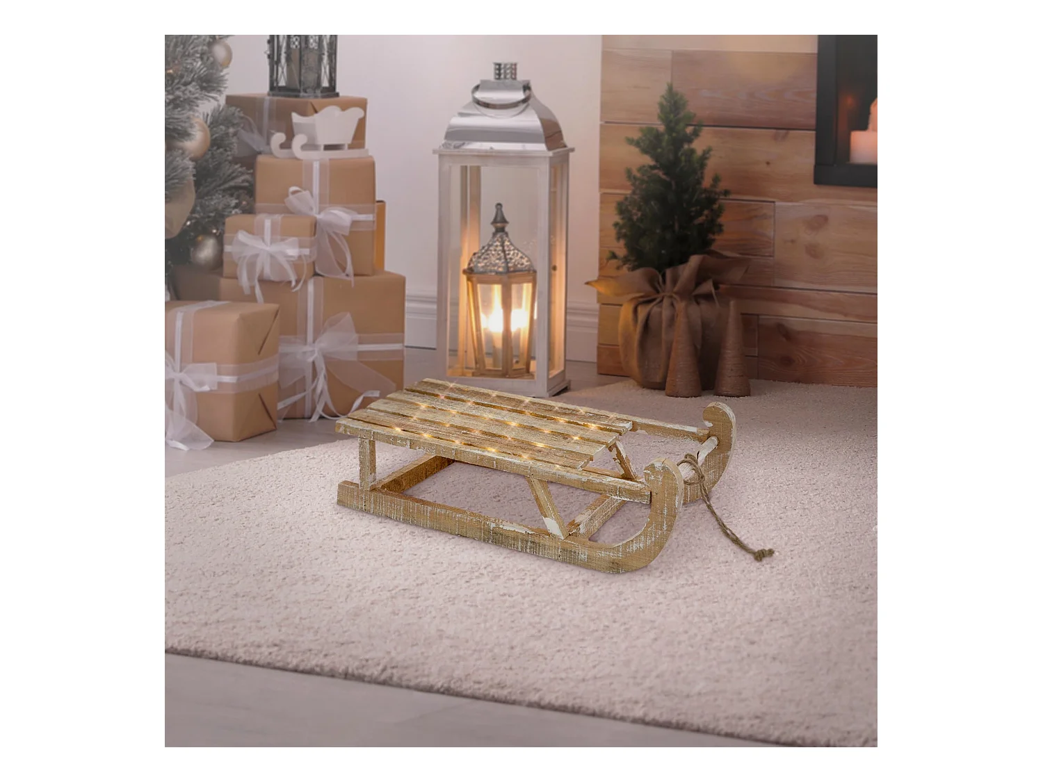 Trineo decorativo madera árbol de navidad con LED blanco cálido marrón 50,5cm