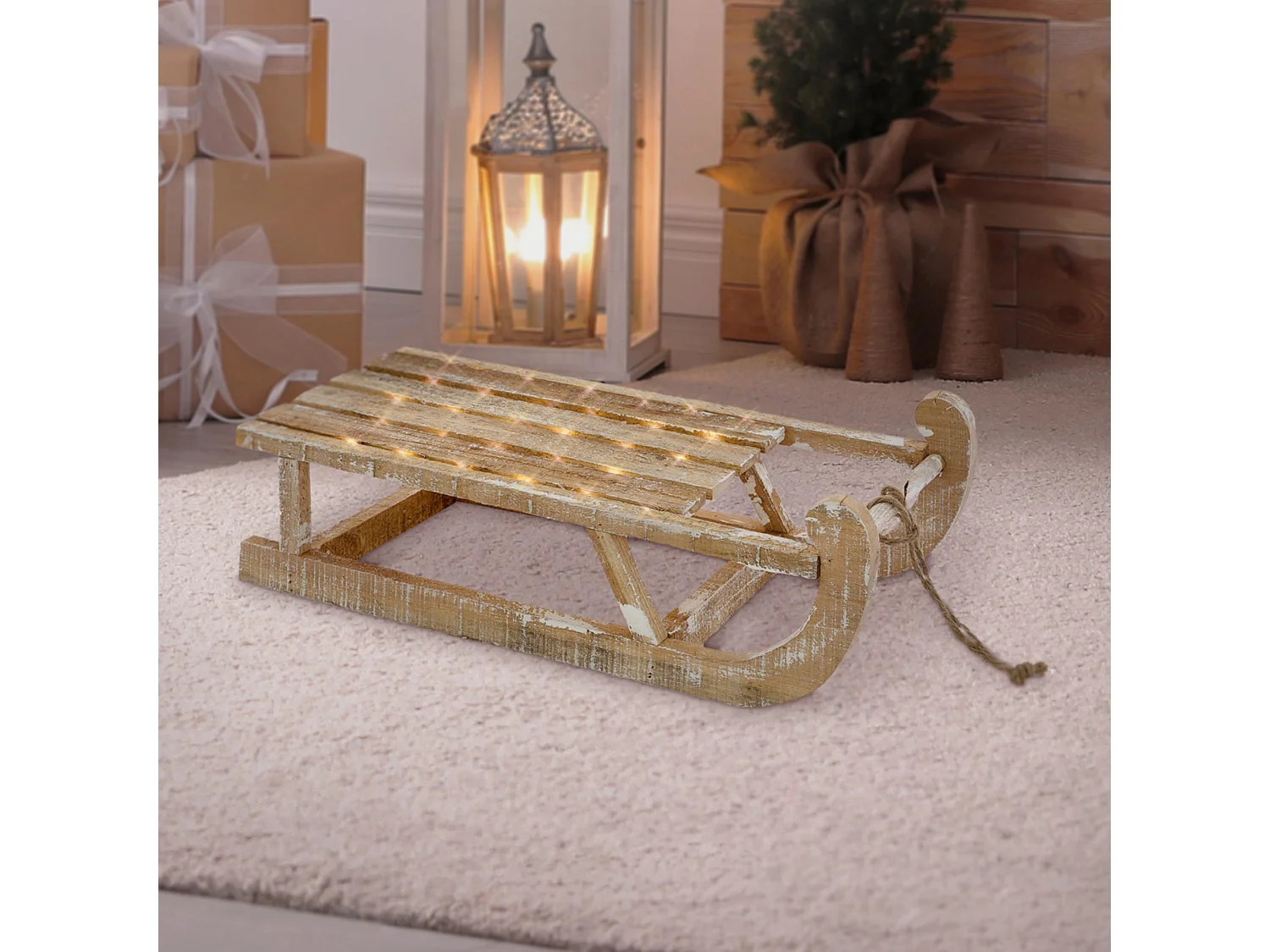 Traineau décoratif de Noël en bois marron décoration avec LED blanc chaud 50,5cm