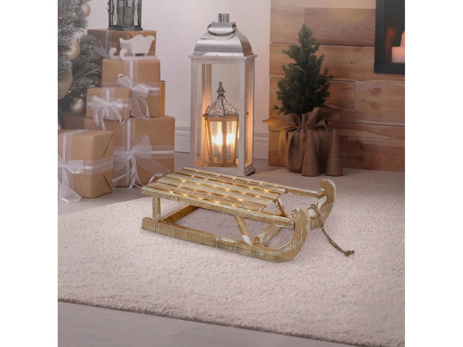 Traineau décoratif de Noël en bois marron décoration avec LED blanc chaud 50,5cm