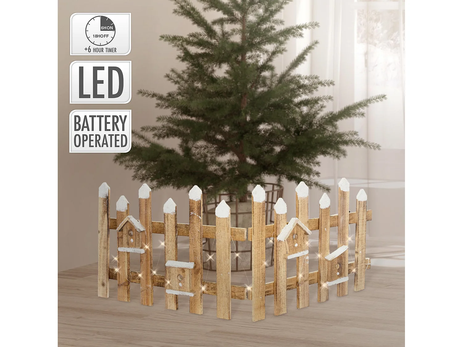 Recinzione in miniatura con LED decorazione natalizia 98x39 cm in legno marrone