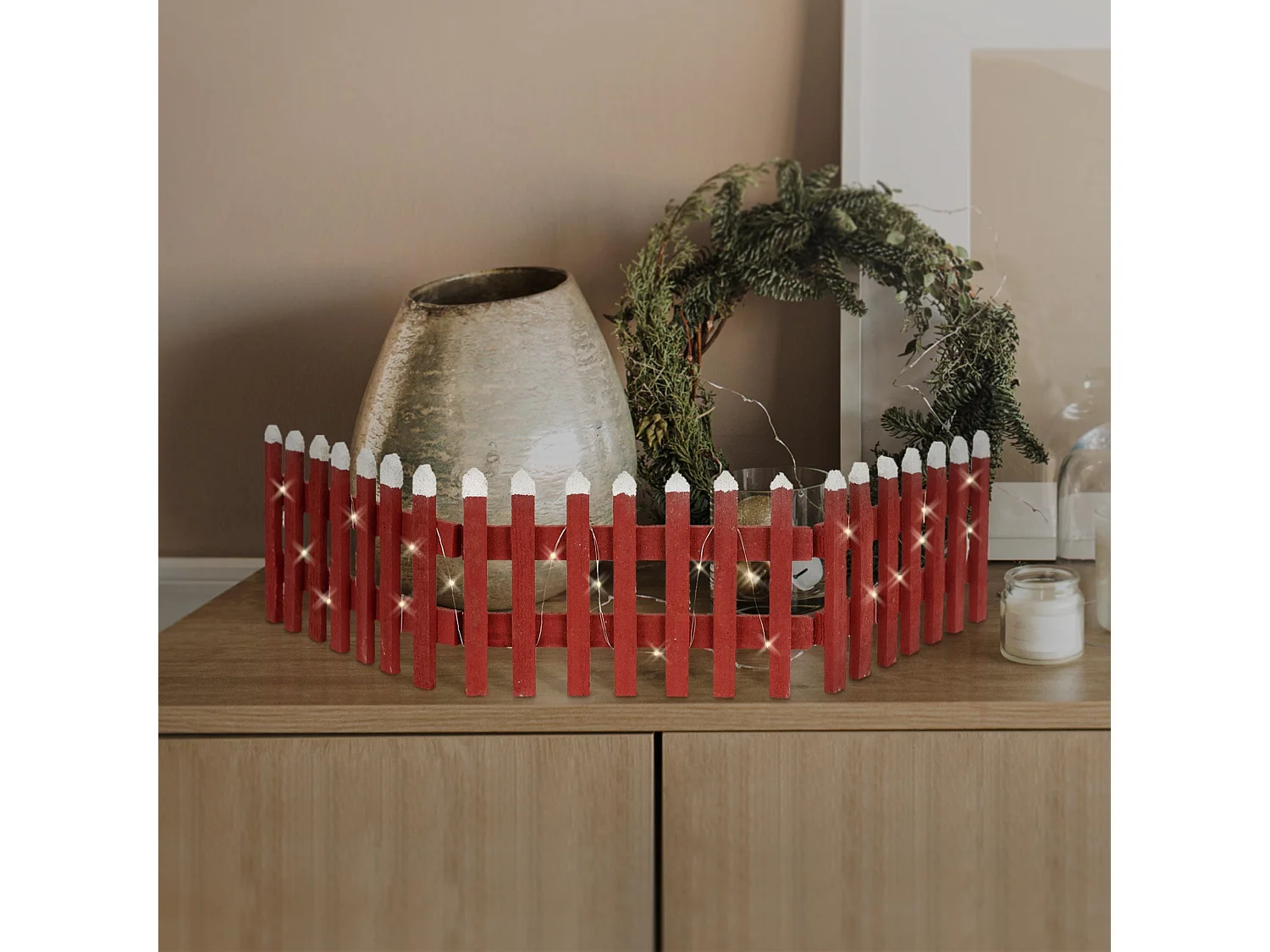 Recinzione in miniatura con LED decorazione natalizia 90 x 21 cm in legno rosso