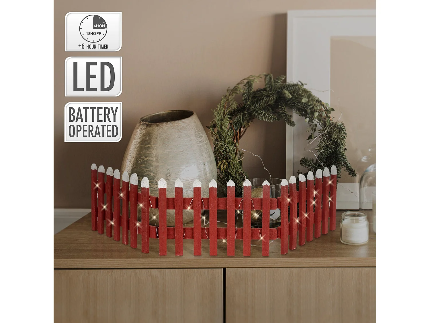 Recinzione in miniatura con LED decorazione natalizia 90 x 21 cm in legno rosso