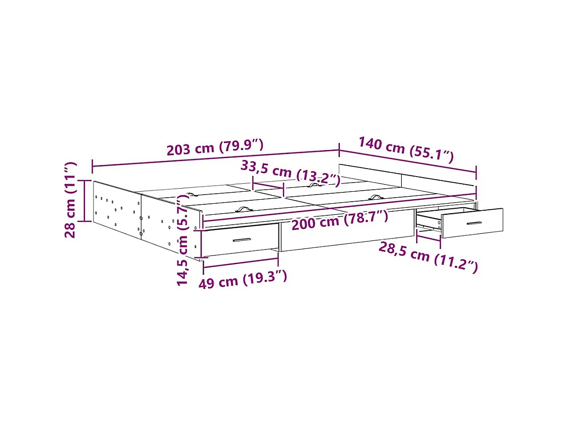 Cadre de lit avec rangement avec tiroir Gris béton 140 x 200 cm