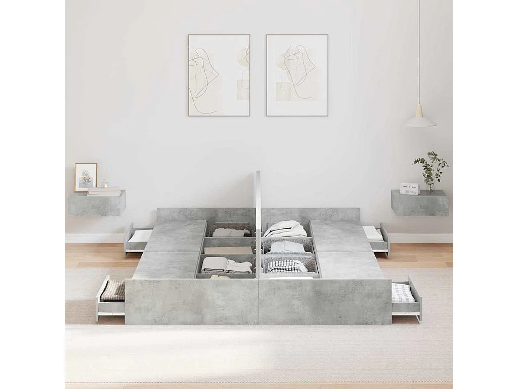 Cadre de lit avec rangement avec tiroir Gris béton 140 x 200 cm