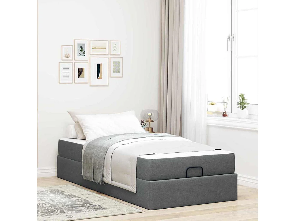 Cadre de lit avec matelas Gris foncé 90 x 200 cm tissu