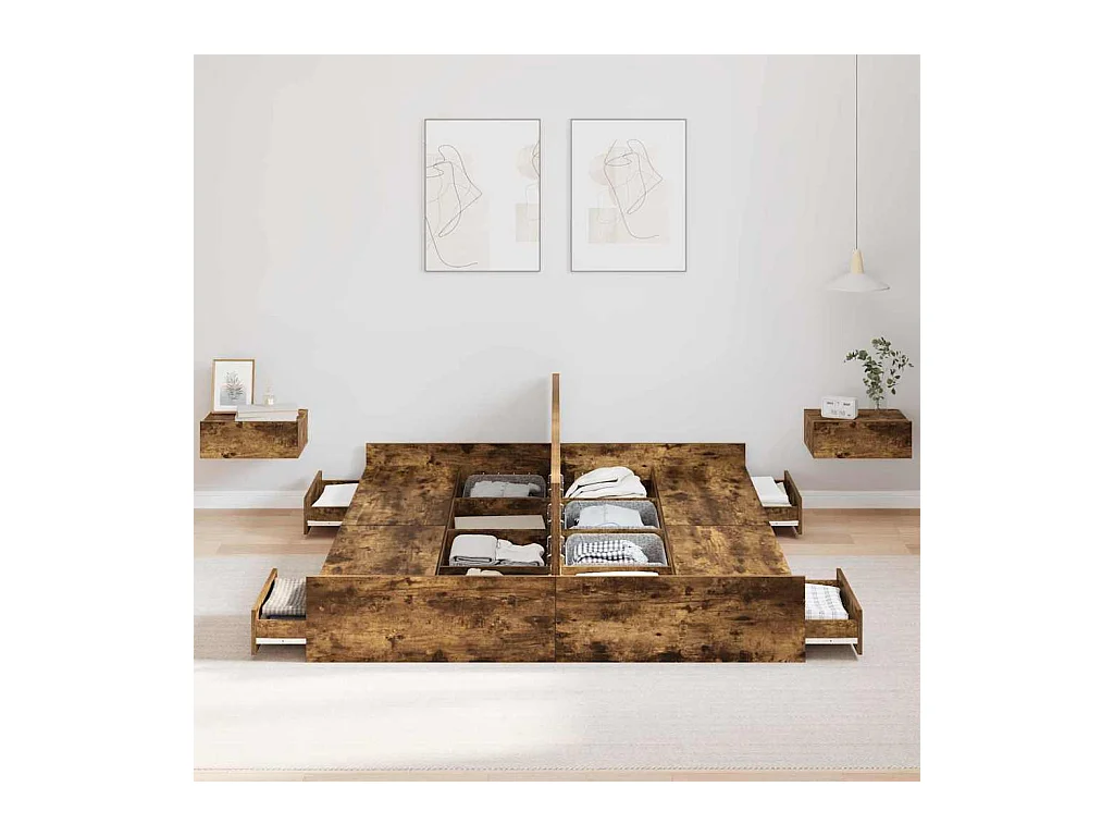 Cadre de lit avec rangement avec tiroir Chêne fumé 150 x 200 cm