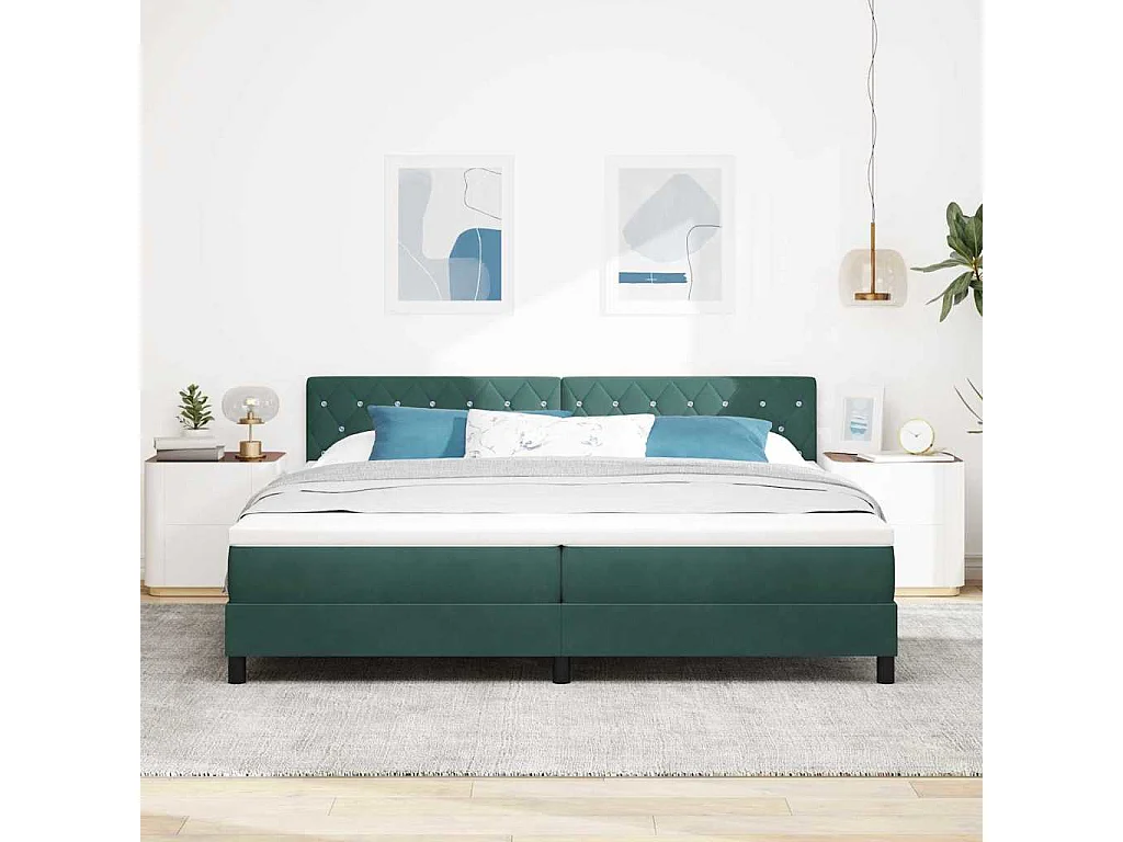 Cadre de lit avec matelas Vert foncé 200 x 200 cm tissu