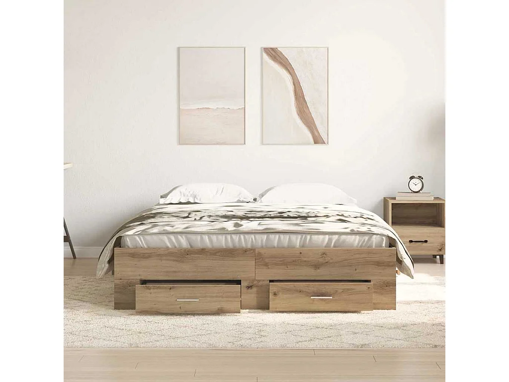 Cadre de lit avec tiroirs chêne artisanal 140 x 190 cm