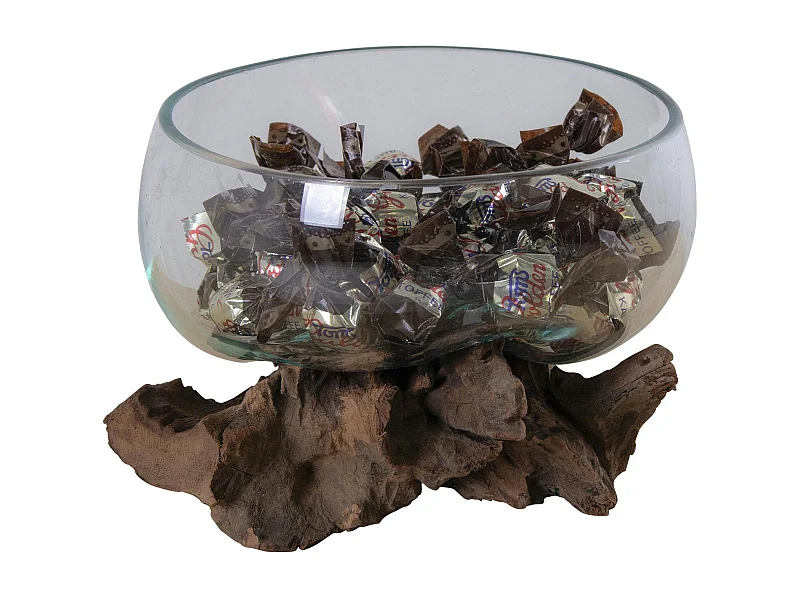 Vase verre soufflé et racine teck, artisanal H 15 cm ARIZONA