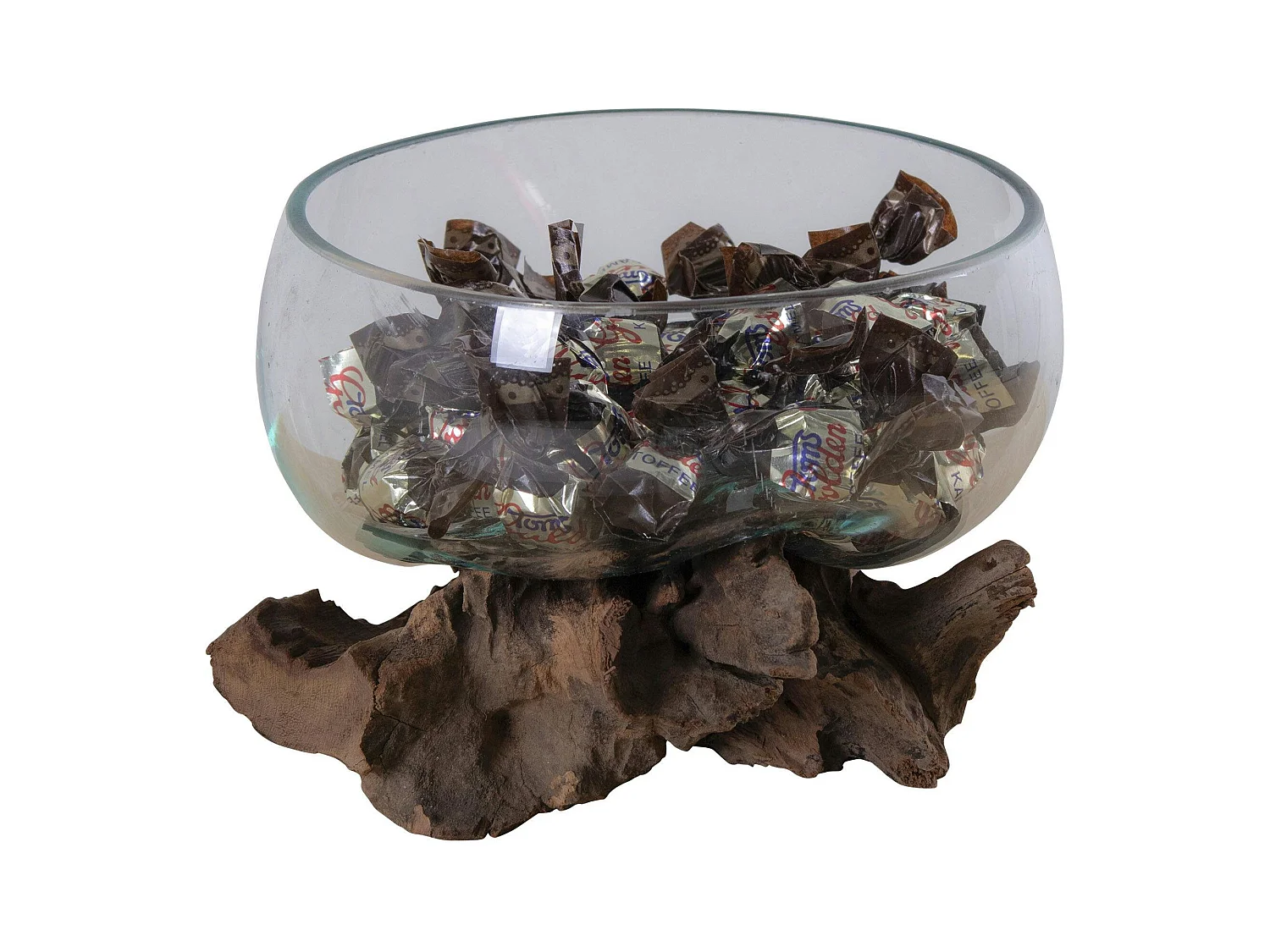 Vase verre soufflé et racine teck, artisanal H 15 cm ARIZONA