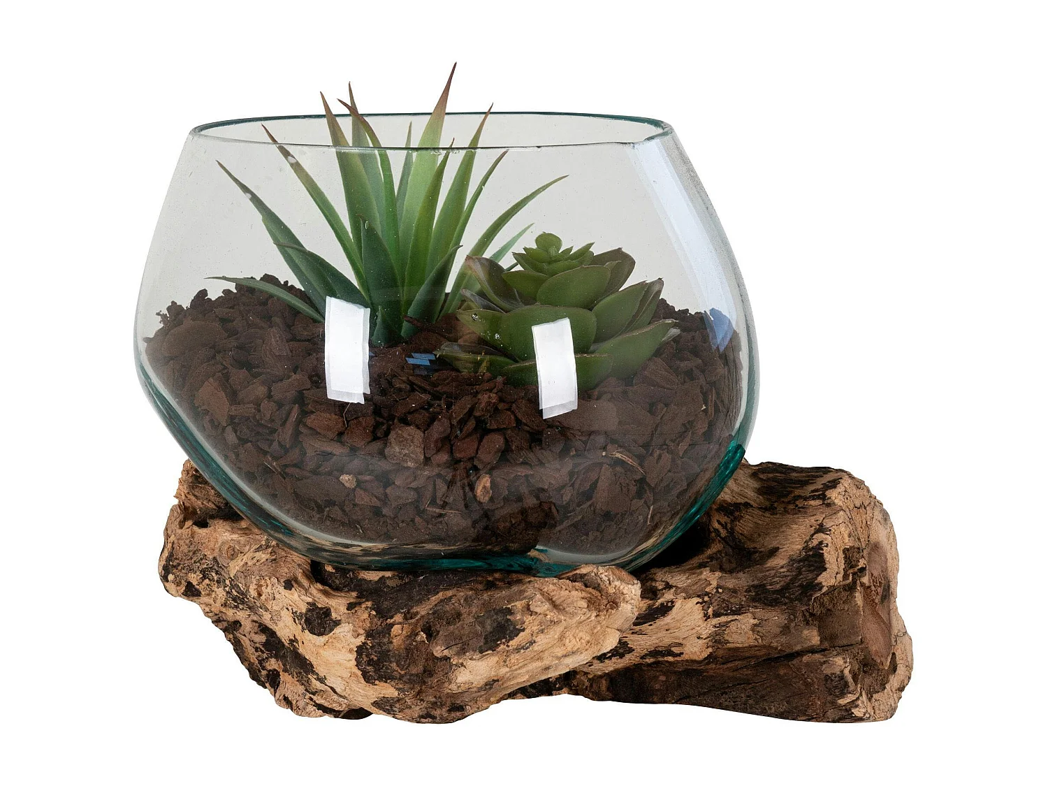 Vase verre soufflé et racine teck, artisanal H 15 cm ARIZONA