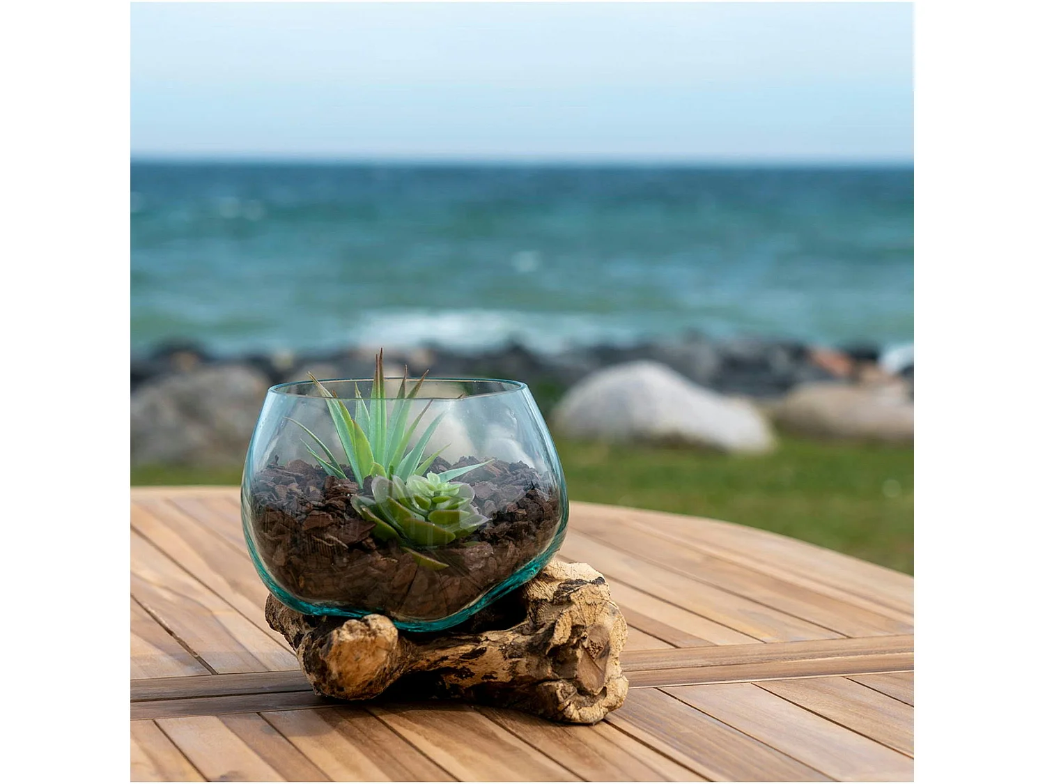 Vase verre soufflé et racine teck, artisanal H 15 cm ARIZONA