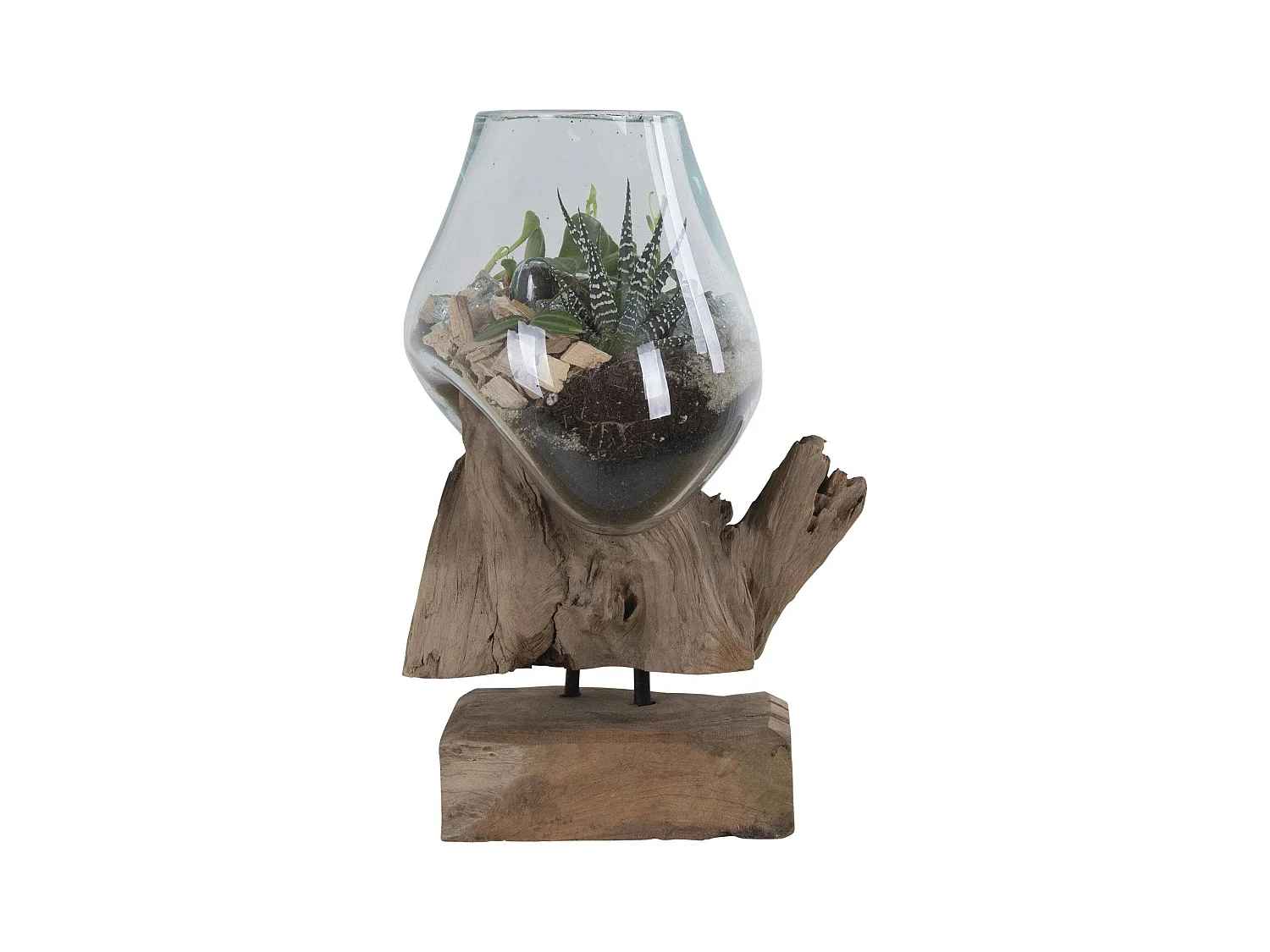 Vase verre soufflé et racine teck, artisanal H 25 cm ARIZONA