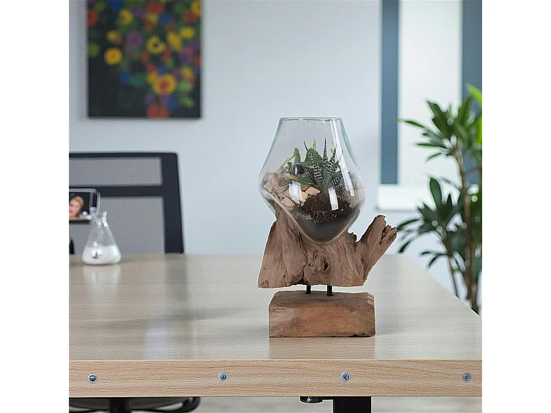 Vase verre soufflé et racine teck, artisanal H 25 cm ARIZONA