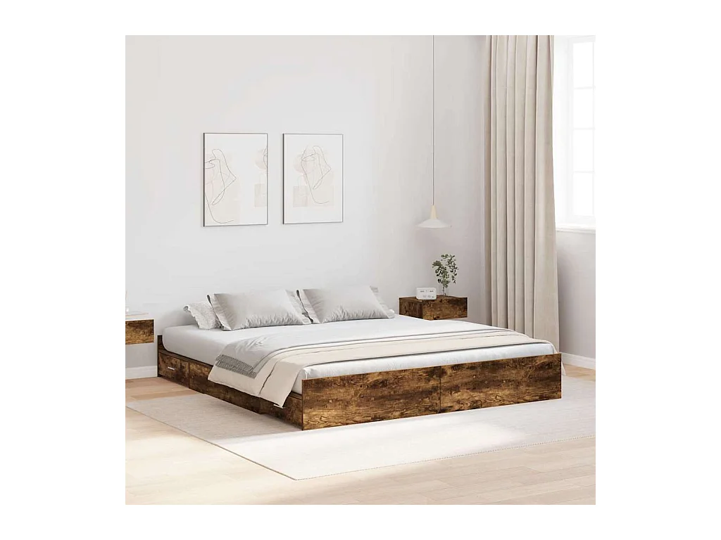 Cadre de lit avec rangement avec tiroir Chêne fumé 200 x 200 cm