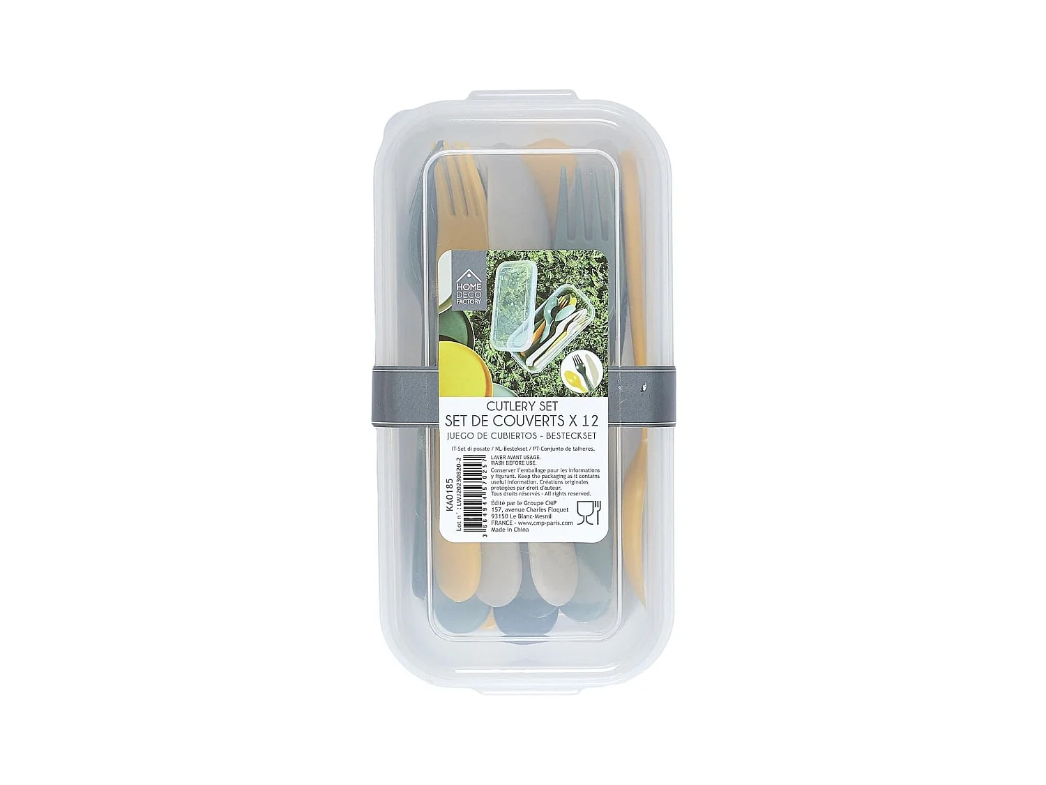 Boite de 12 couverts en plastique réutilisable au coloris vert, jaune et beige