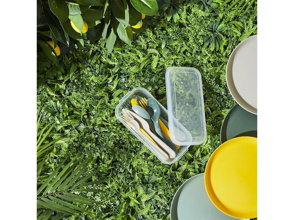 Boite de 12 couverts en plastique réutilisable au coloris vert, jaune et beige