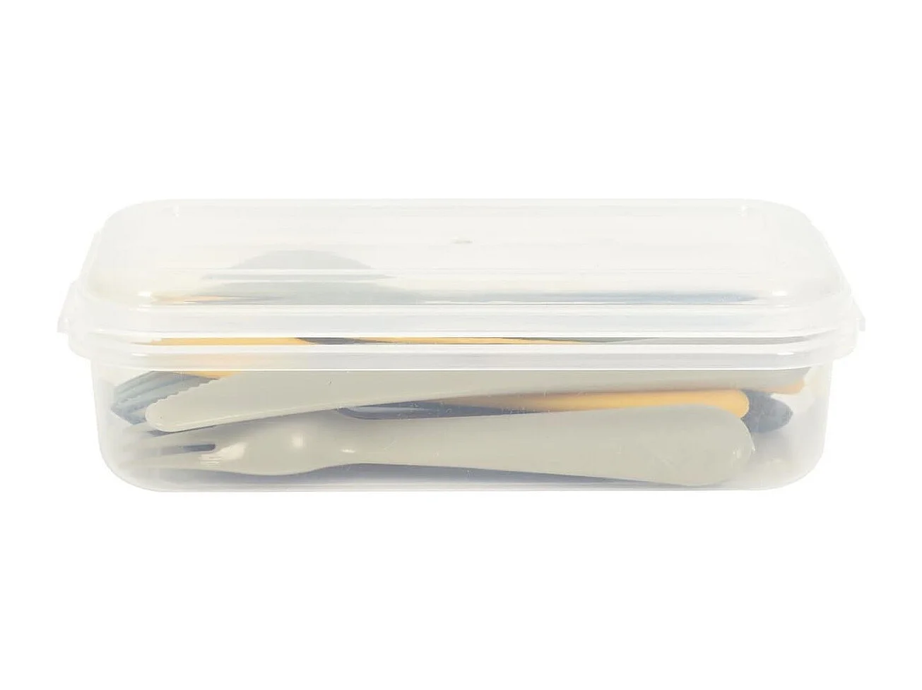 Boite de 12 couverts en plastique réutilisable au coloris vert, jaune et beige