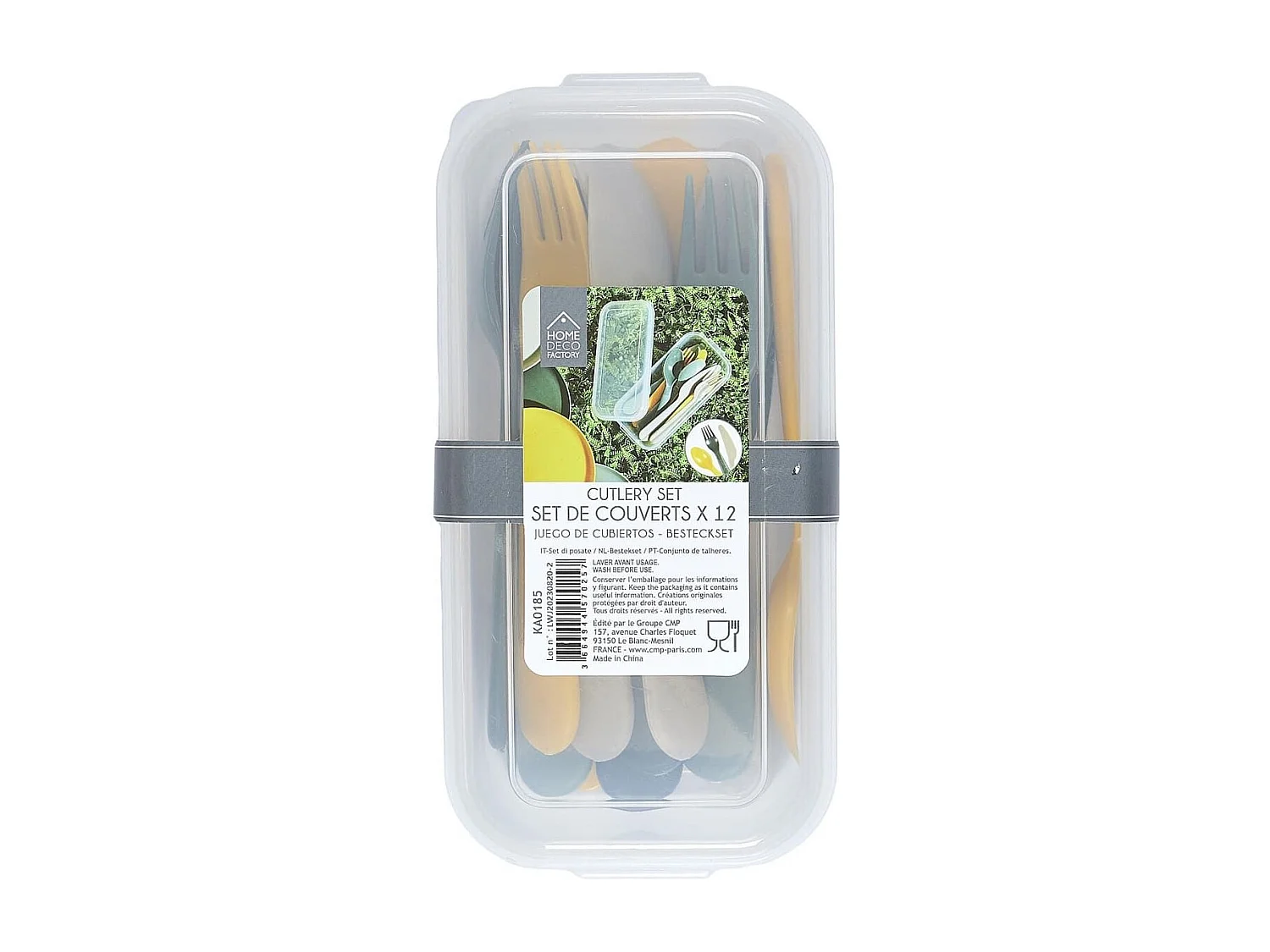 Boite de 12 couverts en plastique réutilisable au coloris vert, jaune et beige