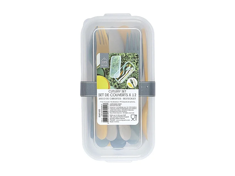 Boite de 12 couverts en plastique réutilisable au coloris vert, jaune et beige