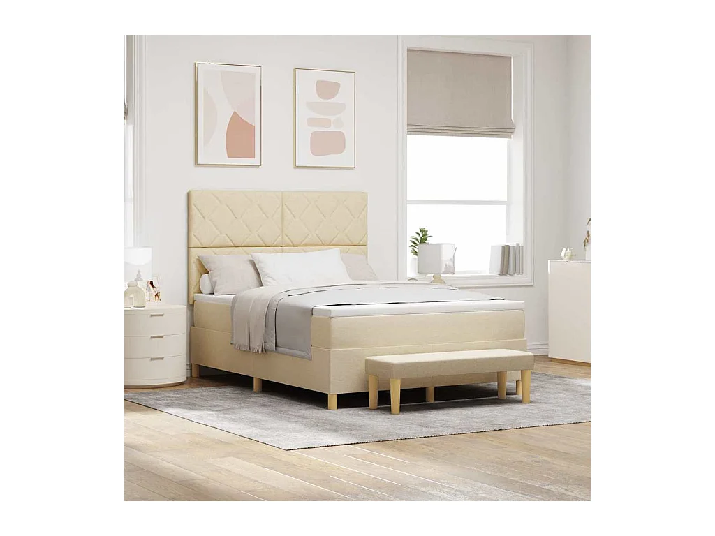 Cama Box com colchão com cabeceira Creme 160 x 200 cm tecido