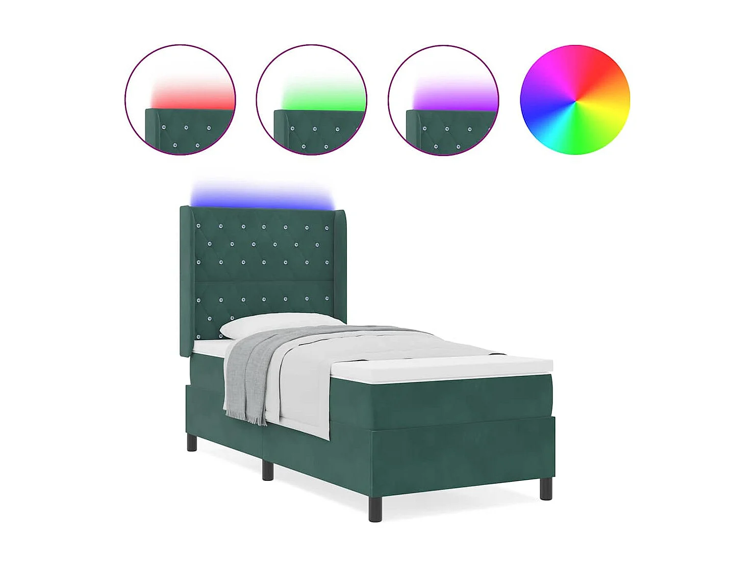 Cama Box Spring com LED e Colchão Verde Escuro 100 x 200 cm