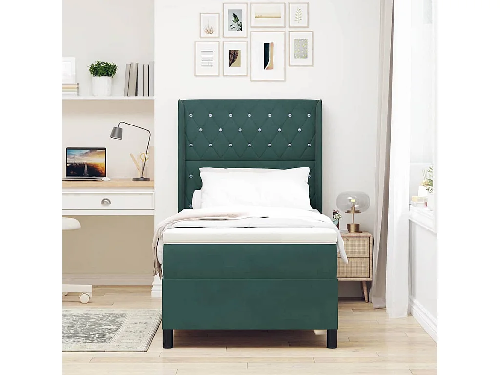 Cama Box Spring com LED e Colchão Verde Escuro 100 x 200 cm