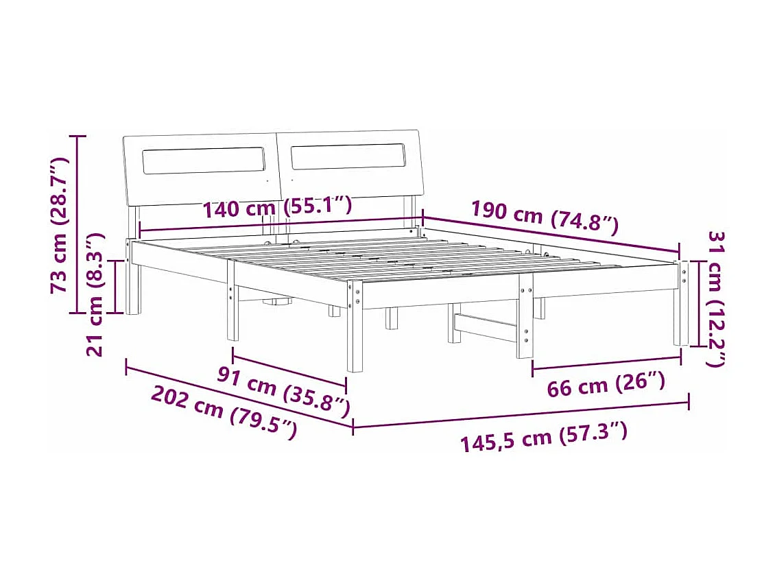 Cadre de lit Blanc 140 x 190 cm Bois massif en pin