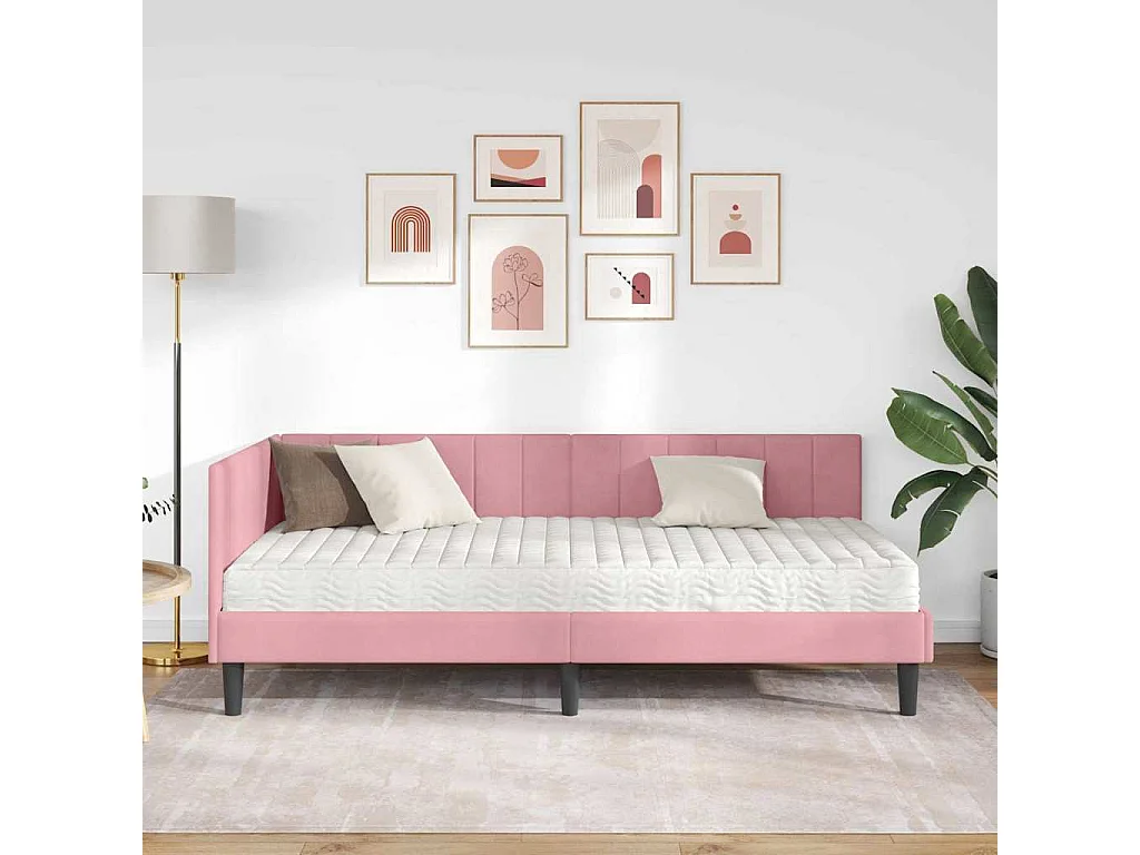 Cadre de lit d'angle avec matelas Rose 100 x 200 cm Velours