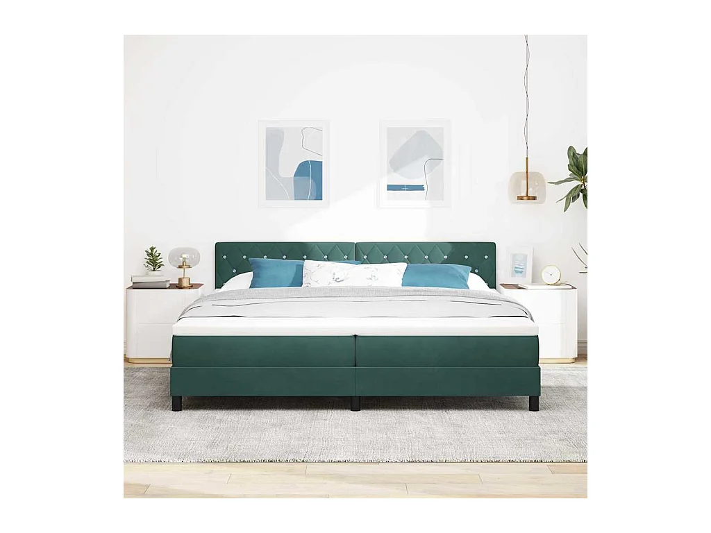Cama Box com colchão Verde-escuro 200 x 200 cm Veludo