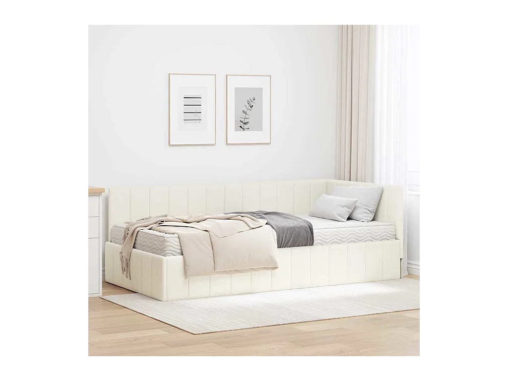 Cadre de lit d'angle avec matelas Crème 90 x 190 cm Velours