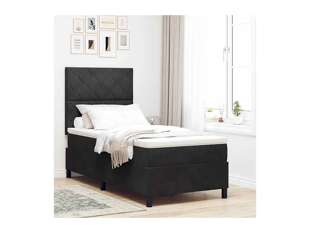 Cama Box com colchão com cabeceira Preto 100 x 200 cm Veludo