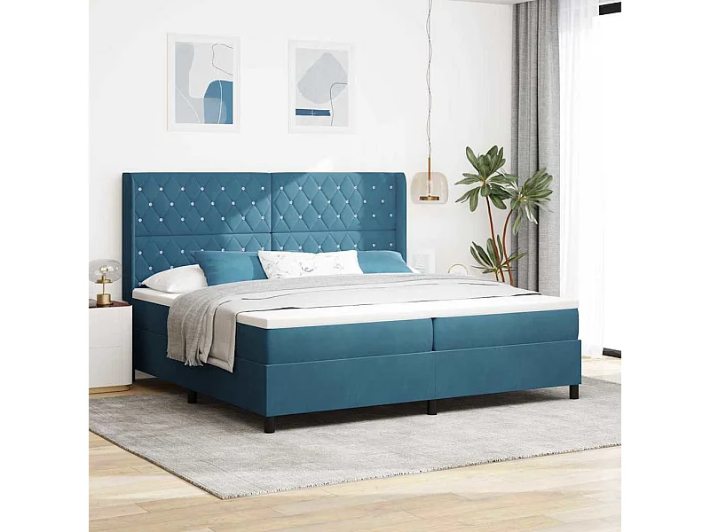 Cama Box Spring com LED e Colchão Azul 200 x 200 cm Veludo