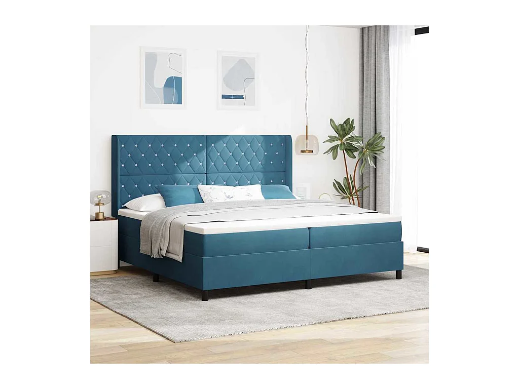 Cama Box Spring com LED e Colchão Azul 200 x 200 cm Veludo